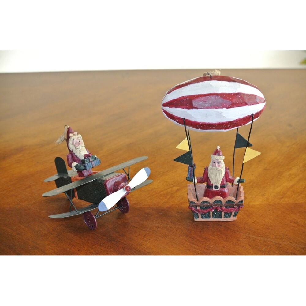 Lot 2x Christmas Ornament Santa Plane Hot Air Balloon Bouncy Santa Gift Delivery
